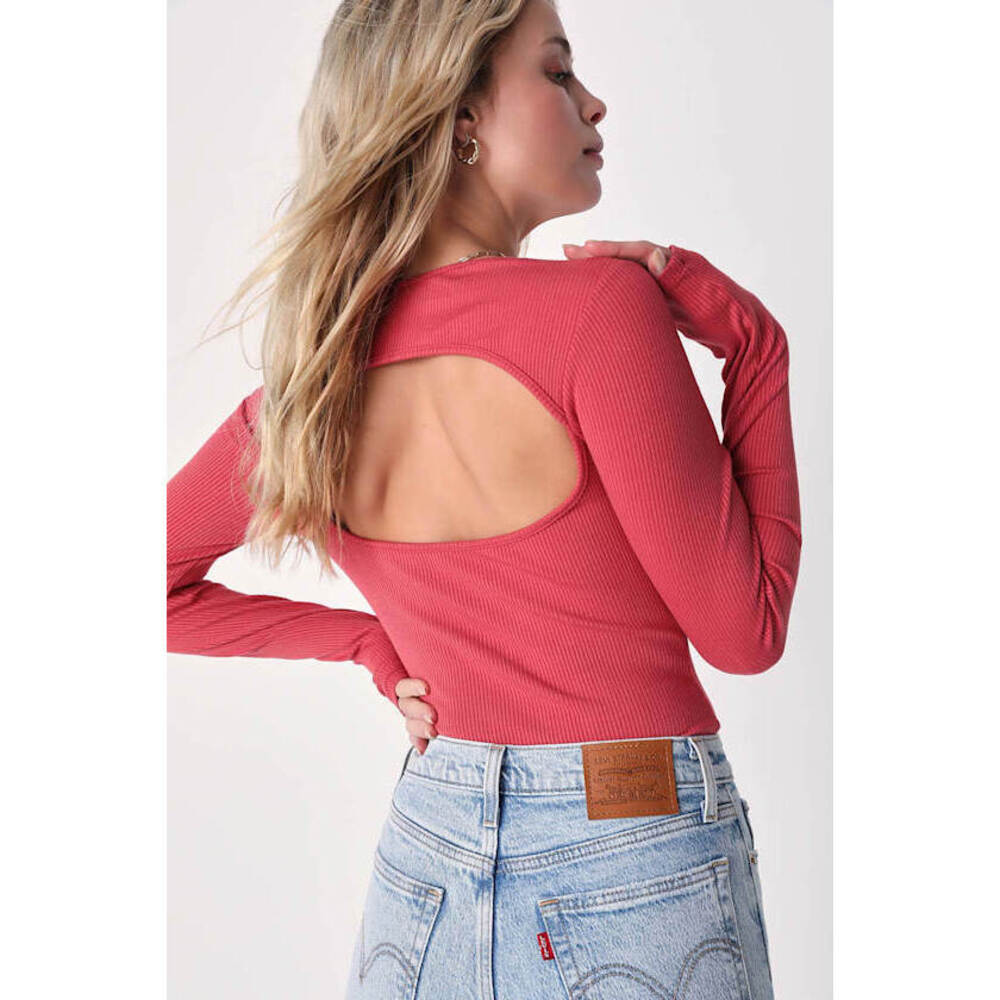 Lulus Back To It Terracotta Ribbed Long Sleeve Cutout Bustier Bodysuit Pink
